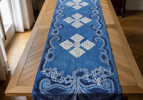 Blue Floral Table Runner with Tassels